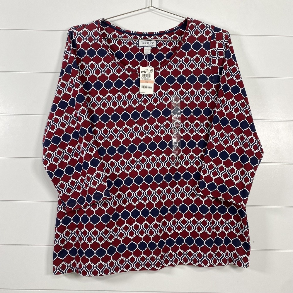 Charter Club Shirt Womens 2X Red Blue Perfectly Soft Pima‎ Cotton Top Plus NWT